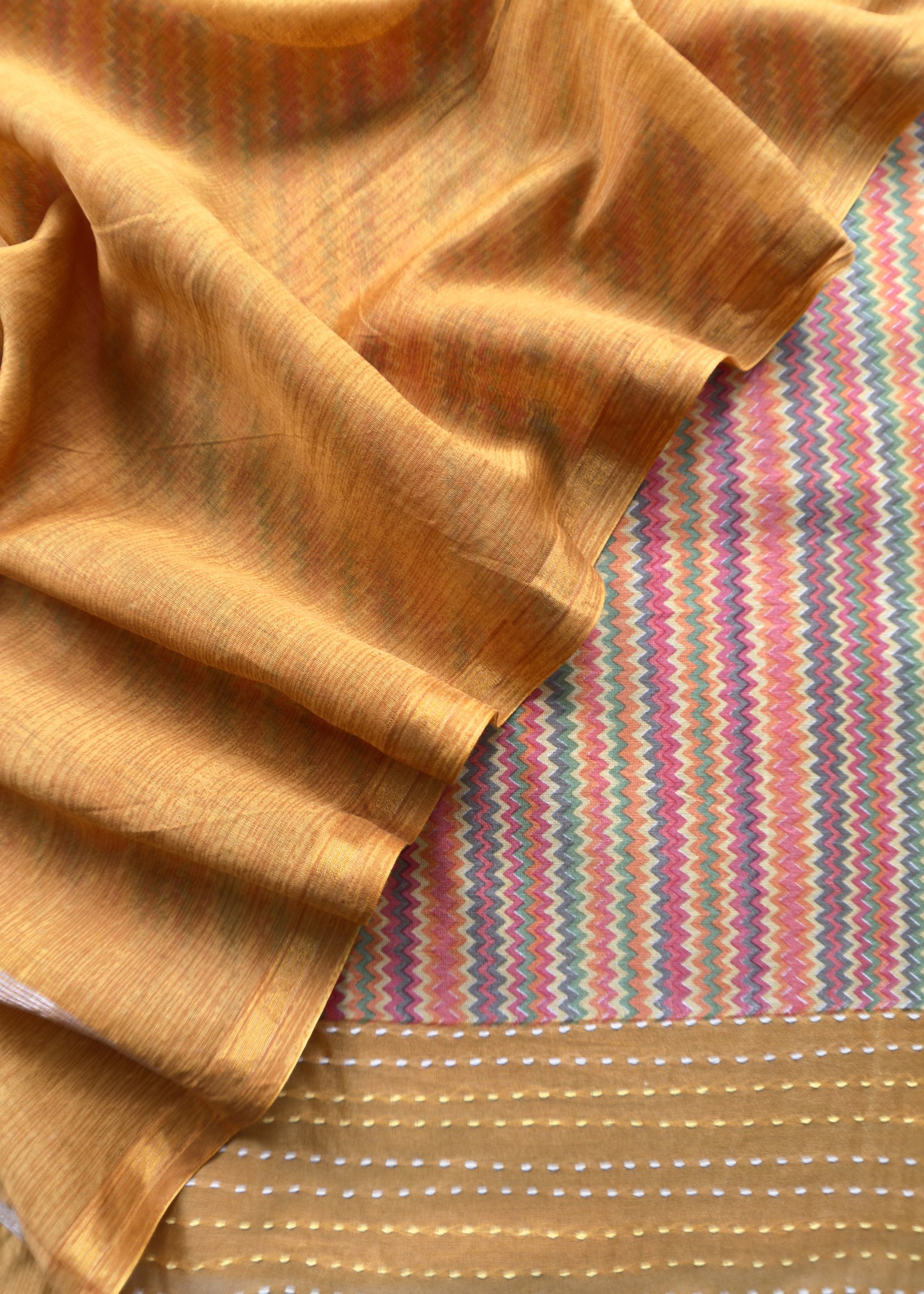 Mustard Pure Maheshwari Silk Suit with Kantha Handwork