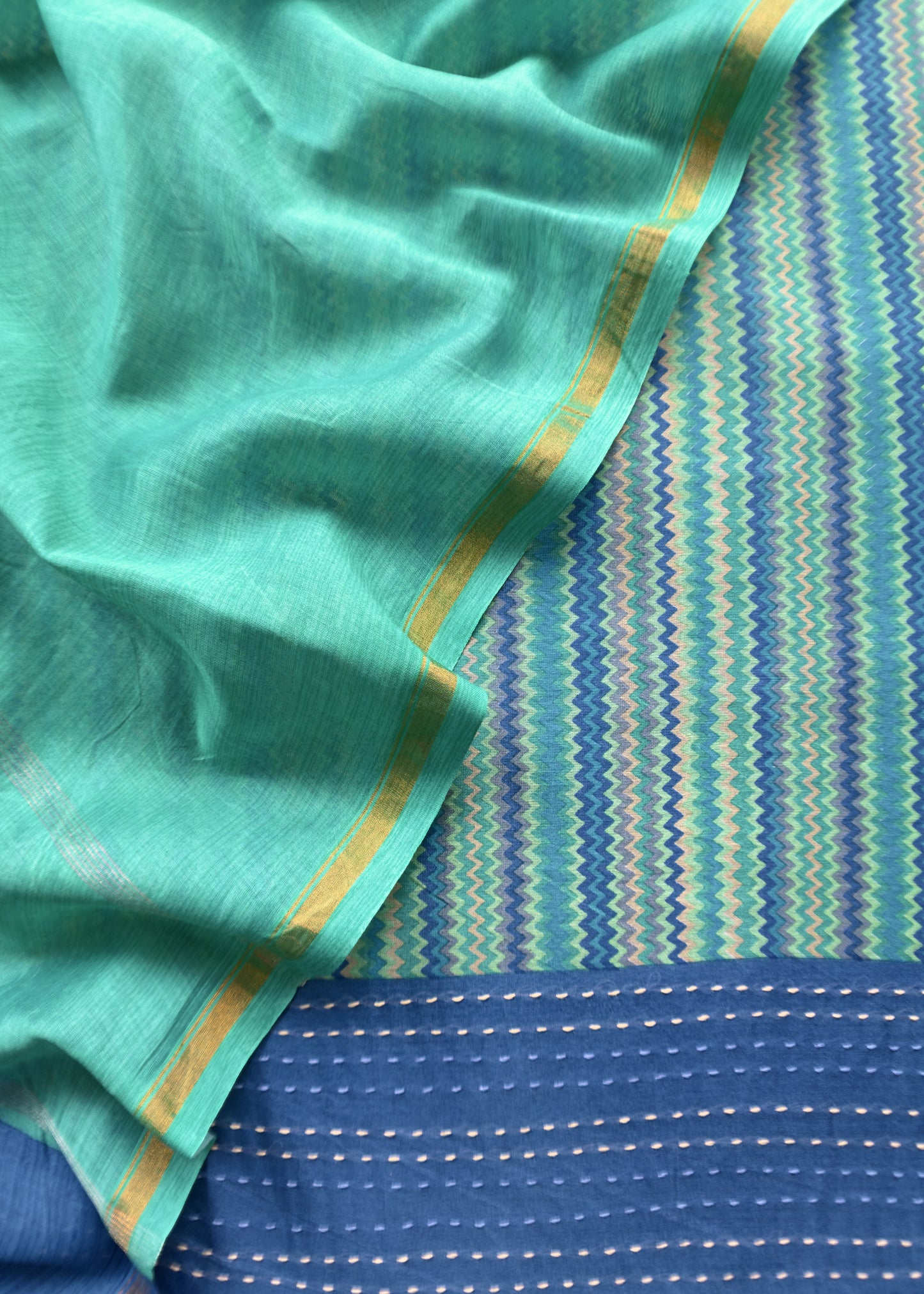 Blue And Green Pure Maheshwari Silk Suit With Kantha Handwork
