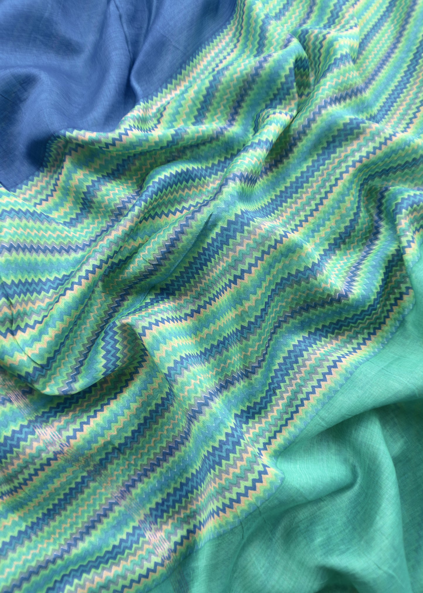 Blue And Green Pure Maheshwari Silk Suit With Kantha Handwork