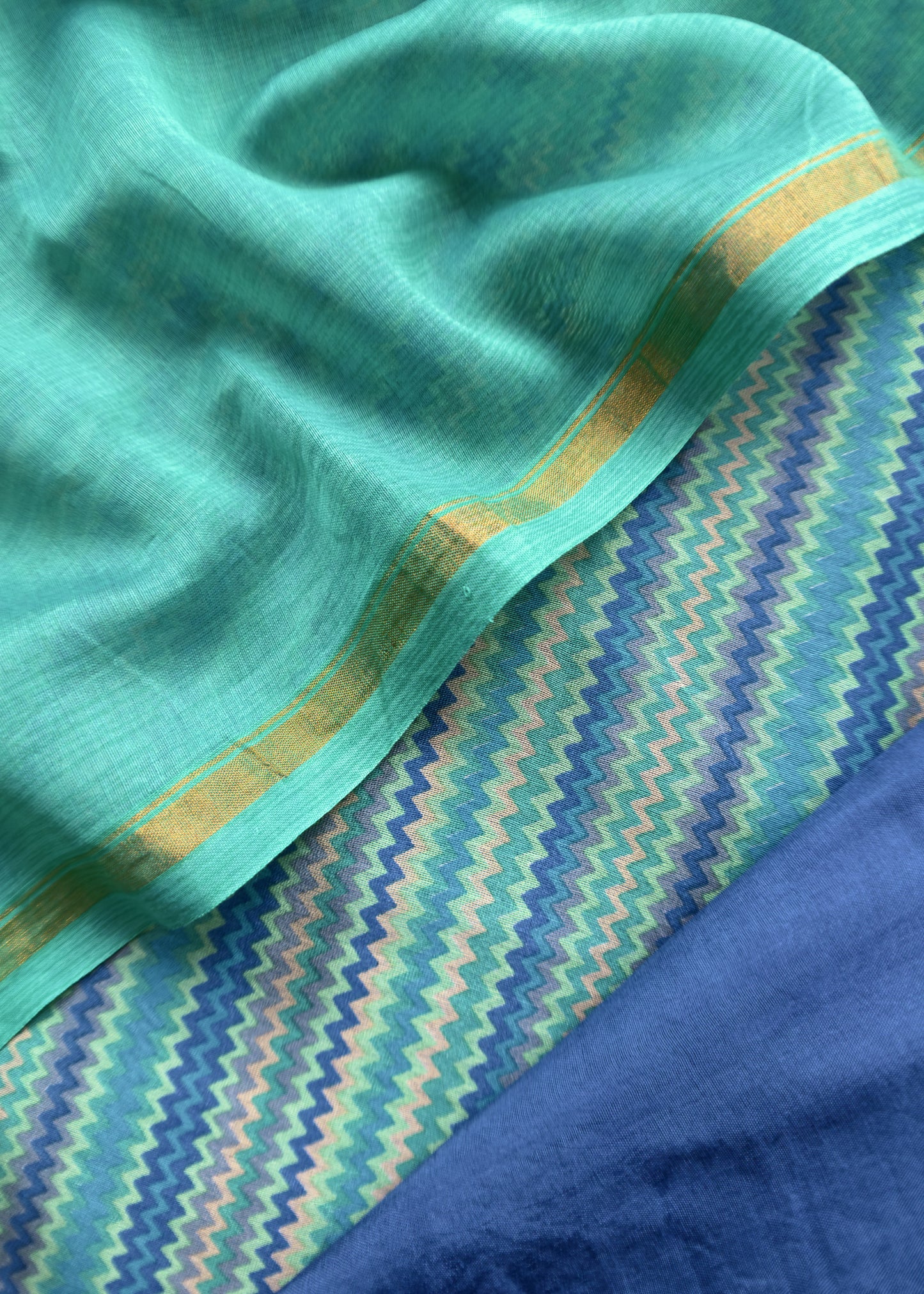 Blue And Green Pure Maheshwari Silk Suit With Kantha Handwork