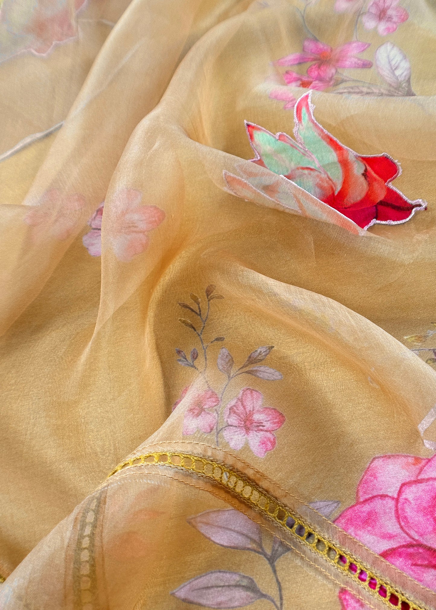 Mustard Pure Mulmul Suit With Applique Work Organza Dupatta