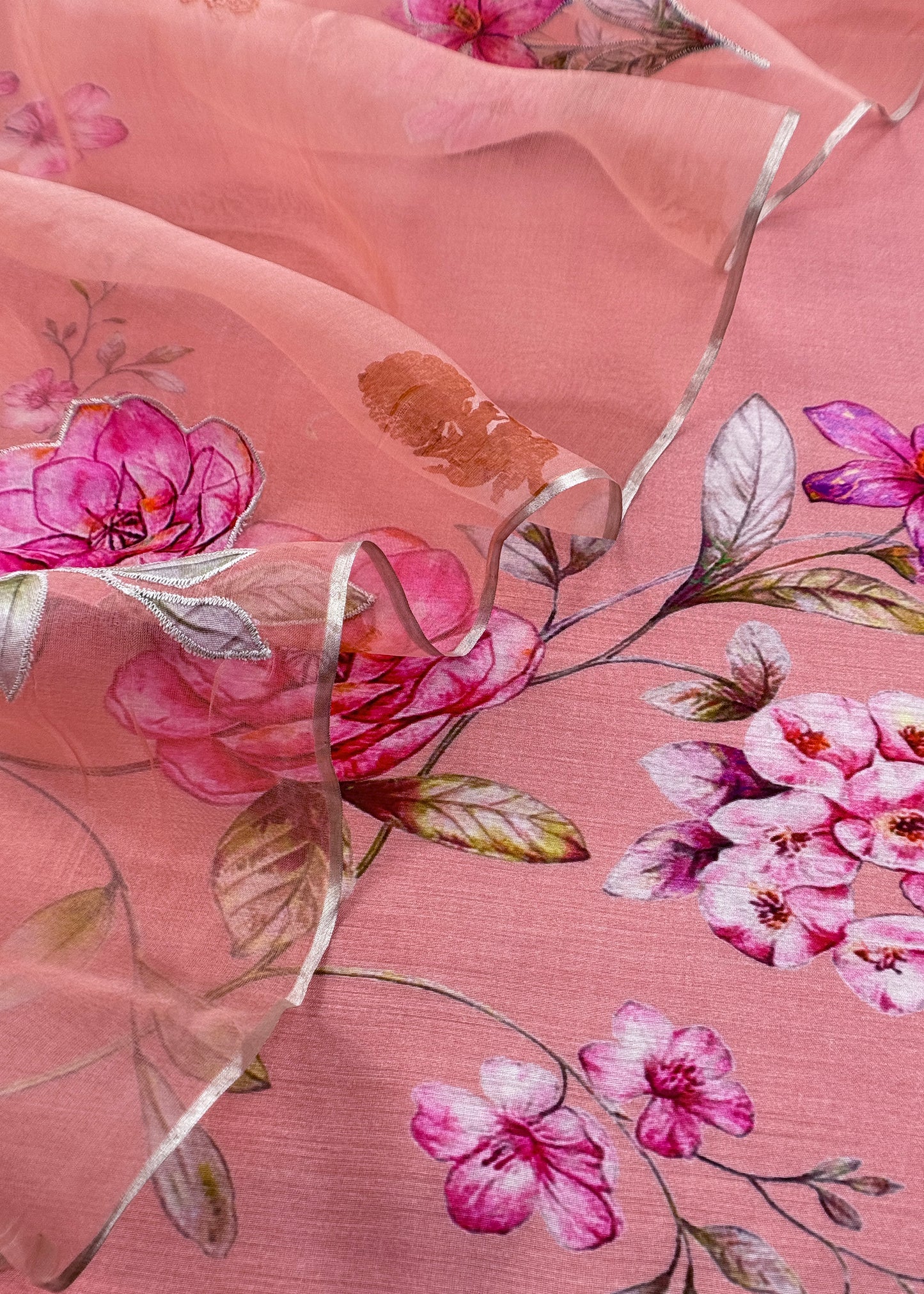 Peach Pure Mulmul Suit With Applique Work Organza Dupatta