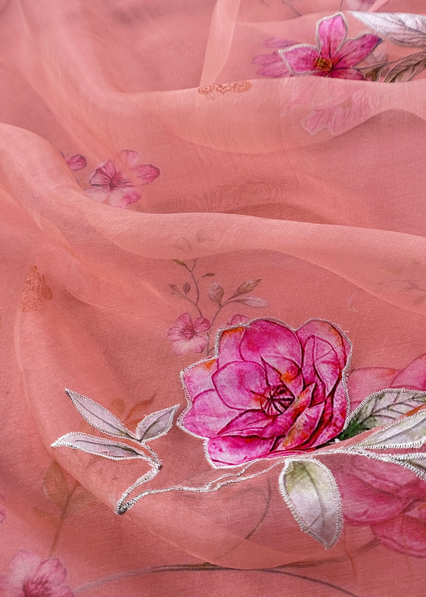 Peach Pure Mulmul Suit With Applique Work Organza Dupatta