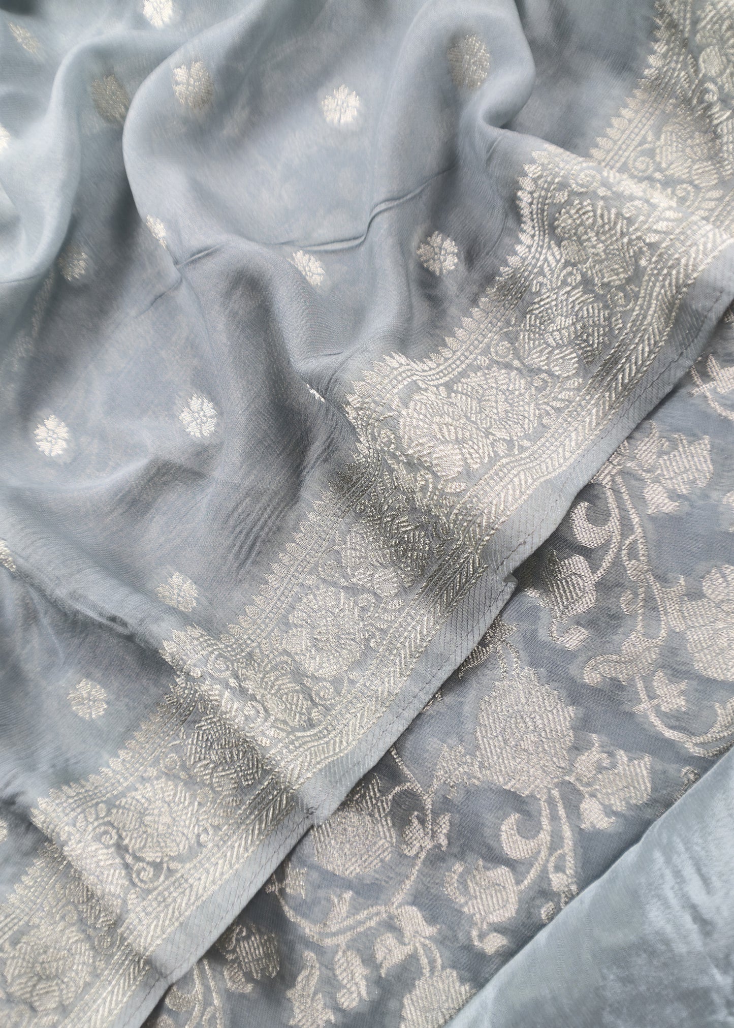 Greyish Blue Banarasi Khaddi Georgette Unstitched Dupatta Suit