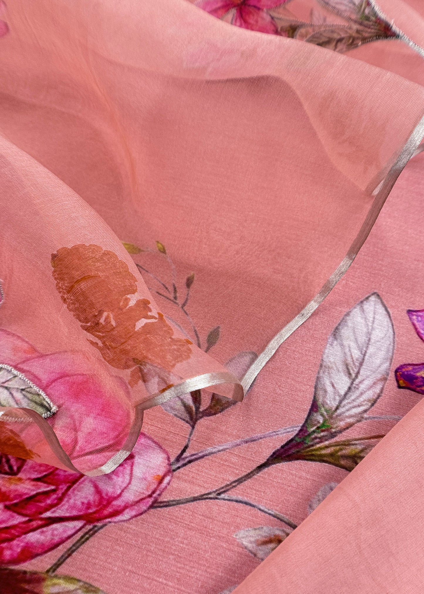 Peach Pure Mulmul Suit With Applique Work Organza Dupatta