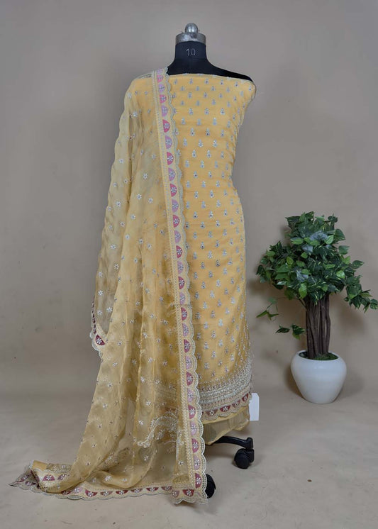 Yellow Wedding Wear Embroidered Organza Suit Set