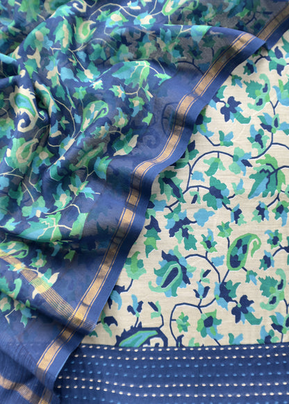 Blue Kantha-Embroidered Maheshwari Silk Suit in Kani Print