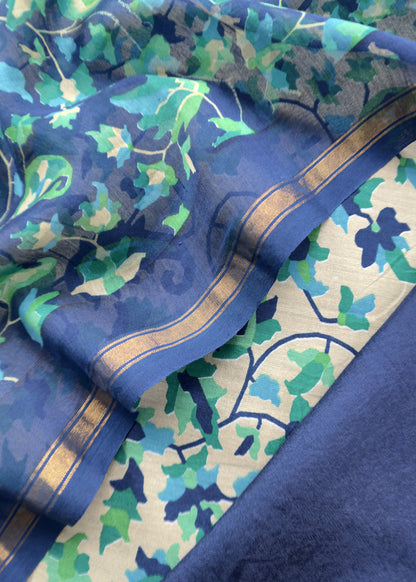 Blue Kantha-Embroidered Maheshwari Silk Suit in Kani Print