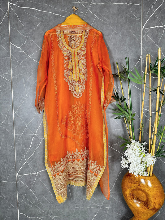 Orange Pure organza embroidered silk suit