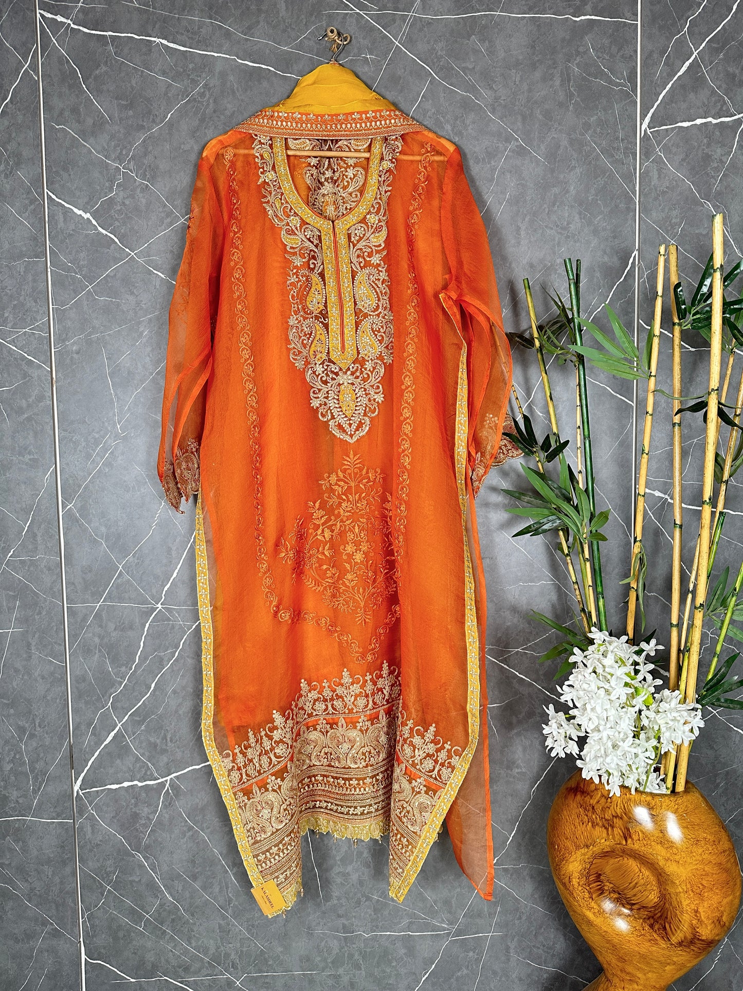 Orange Pure Organza Embroidered Silk Suit