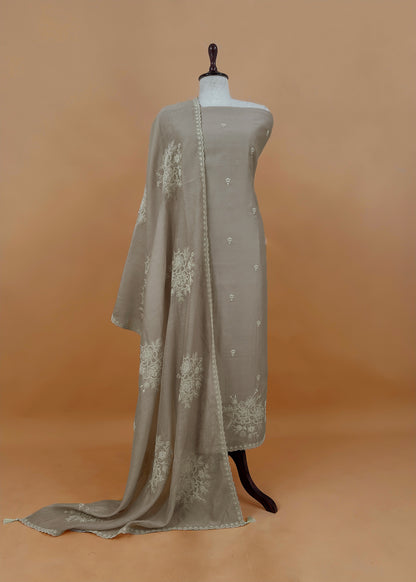 Off White Handloom Mul Unstitched Suit Fabric With French Thread Embroidery