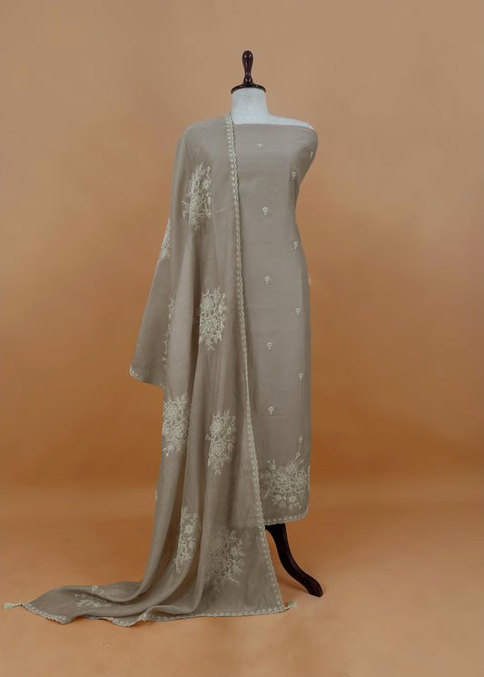 Beige Handloom mul unstitched suit fabric with French thread embroidery