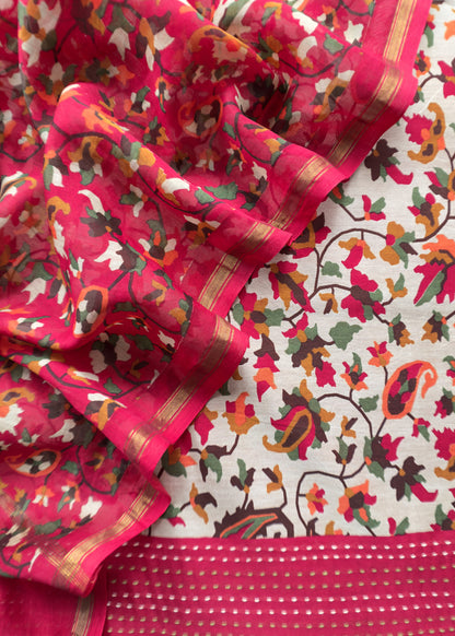 Red Kantha-Embroidered Maheshwari Silk Suit in Kani Print