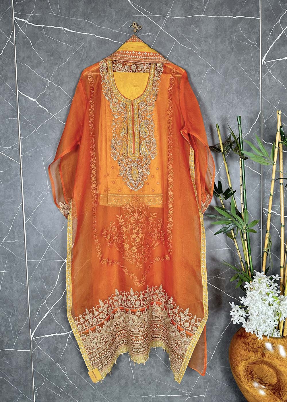 Orange Pure organza embroidered silk suit – Kalasheel