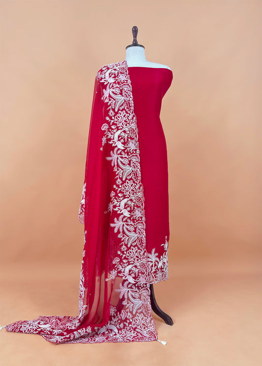 Kalasheel Luxe Red Handloom Organza Suit With Garden French Embroidery