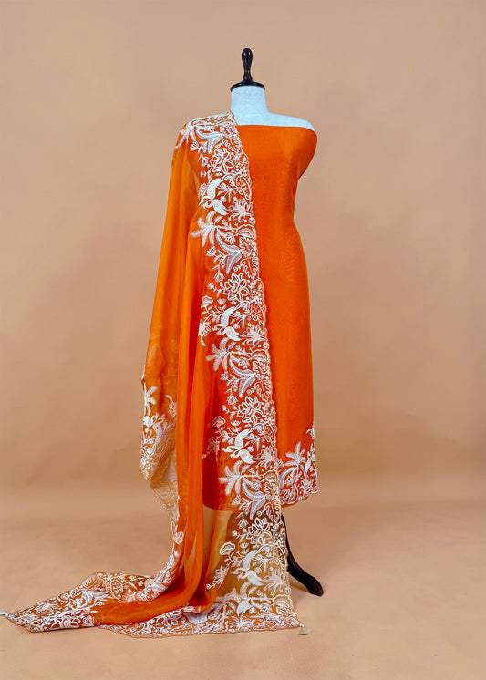 Kalasheel Luxe Orange Handloom Organza Suit With Garden French Embroidery