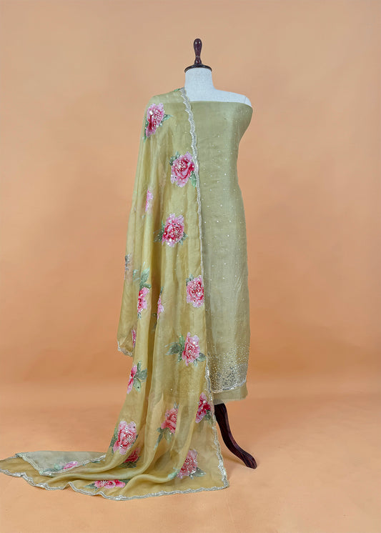 Light Yellow Handloom Kora Silk Suit Fabric With Appliqué Work And Handwork