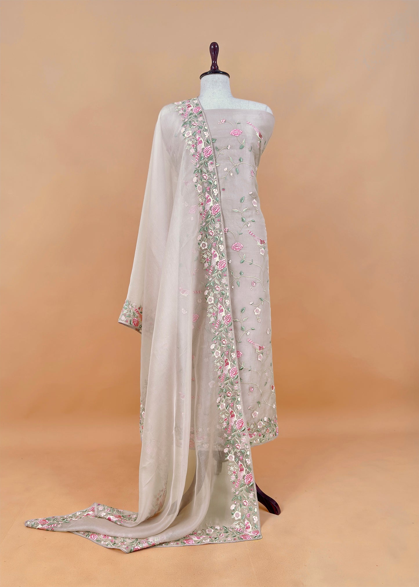 Off White Parsi Thread Embroidery Pure Organza Unstitched Suit With Dupatta