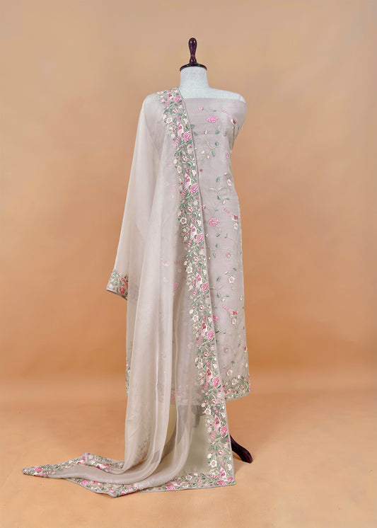 Off White Parsi Thread Embroidery Pure Organza Unstitched Suit With Dupatta