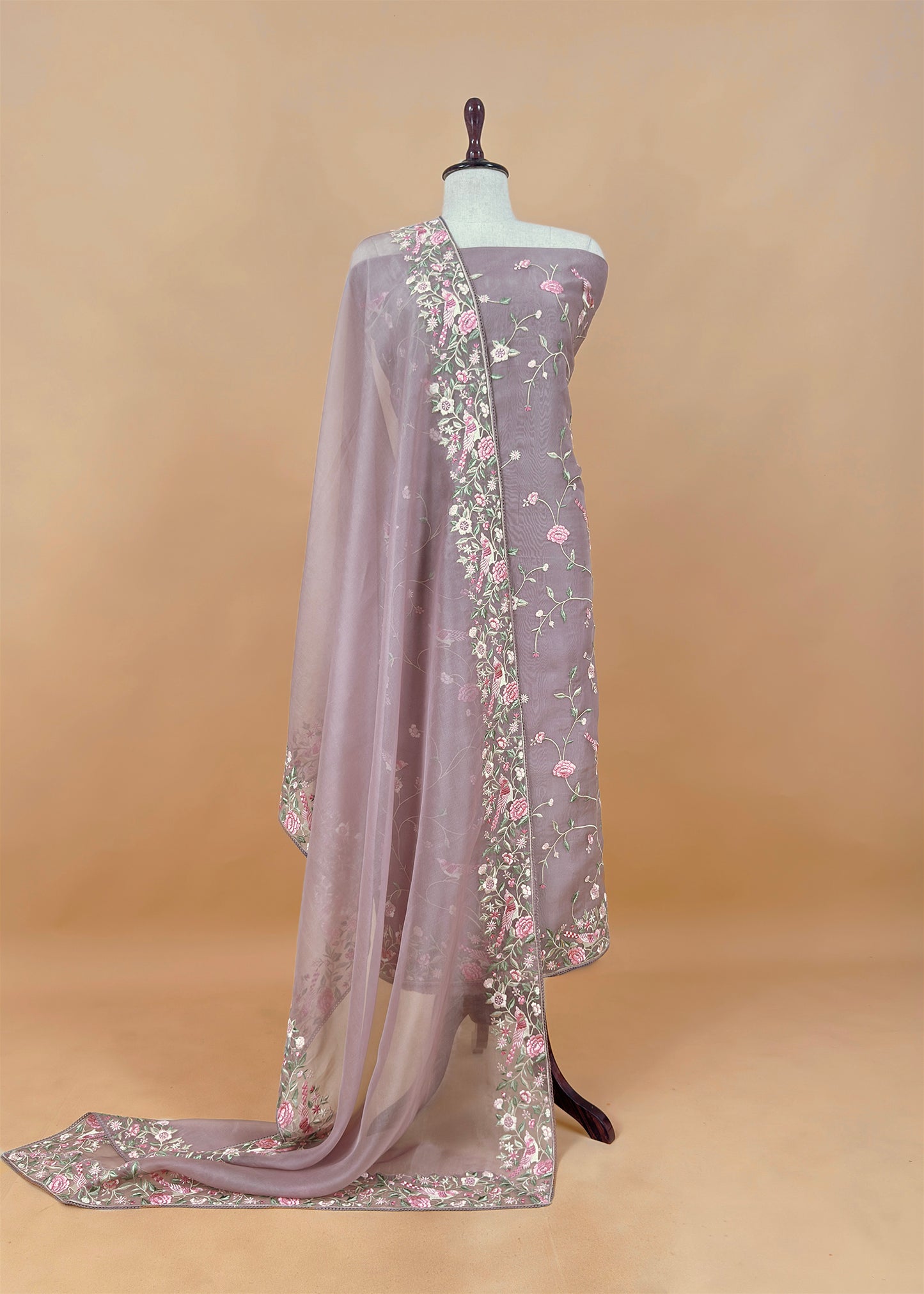 Off White Parsi Thread Embroidery Pure Organza Unstitched Suit With Dupatta