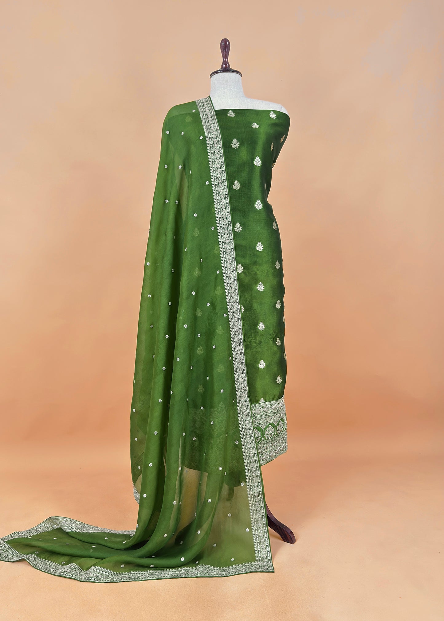 Parrot Green Handloom Tussar Kurta And Kora Silk Dupatta With Embroidery