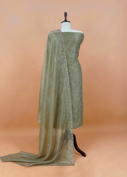 Olive Green Modern Aesthetic Organza Silk Suit with Rose gold Pitta Work