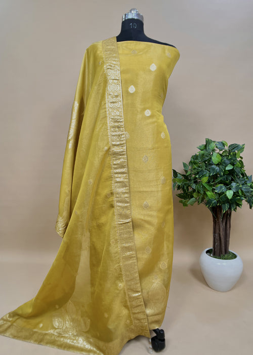 Yellow Pure Organza Tissue Suit With Resham Weaving
