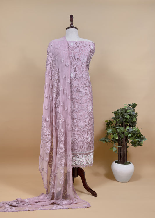 Dusty Pink Tissue Kurta With Pure Chiffon Dupatta With Appliqué Work And Hand Work