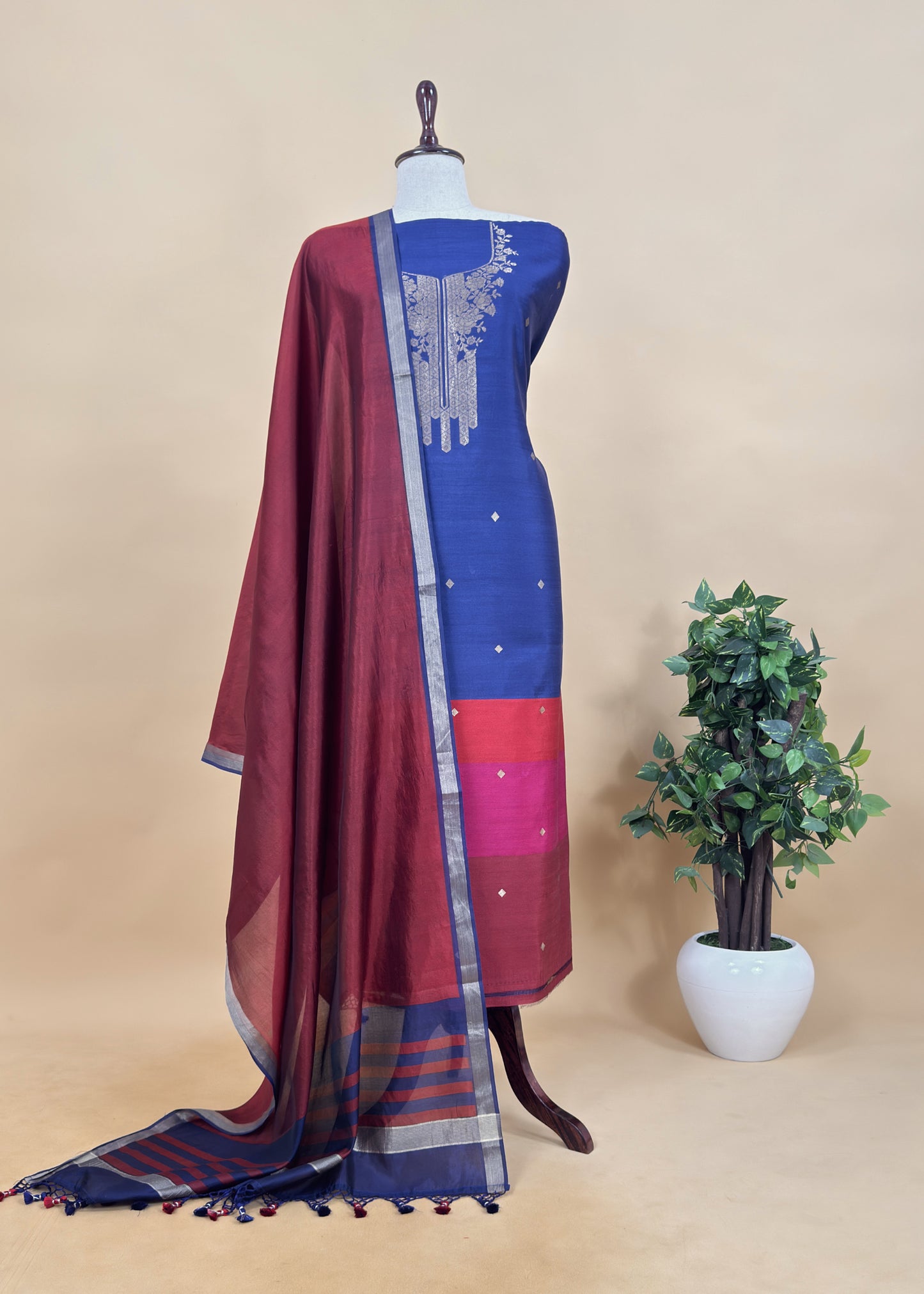 Blue And Maroon Handloom Unstitched Silk Suit With Kadwa Weaving