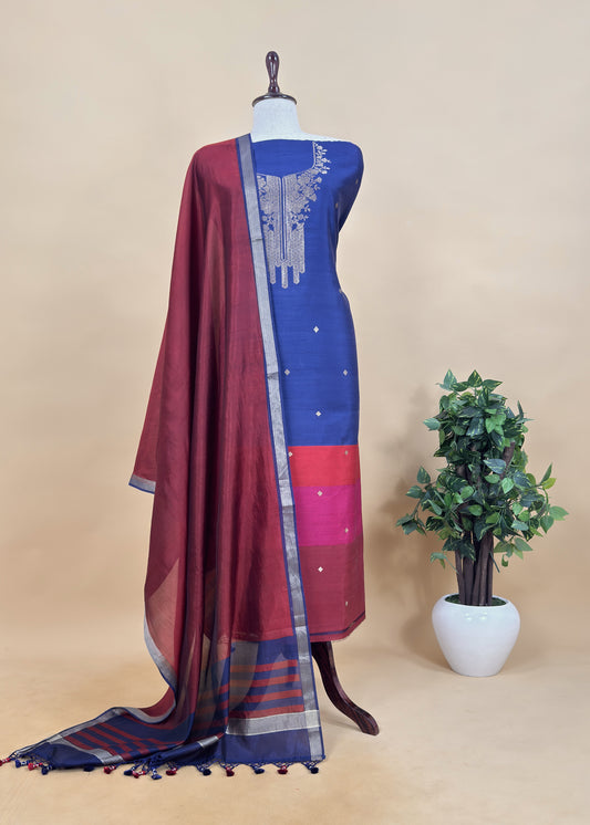 Blue And Maroon Handloom Unstitched Silk Suit With Kadwa Weaving