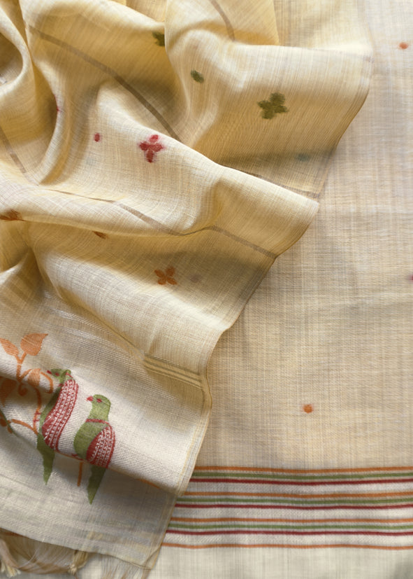 Yellow Jamdani Woven Unstitched Suit With Paithani Work