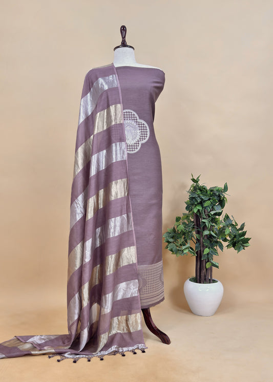 Grey Purple Pure Banarasi Silk Suit With Zari Weaving