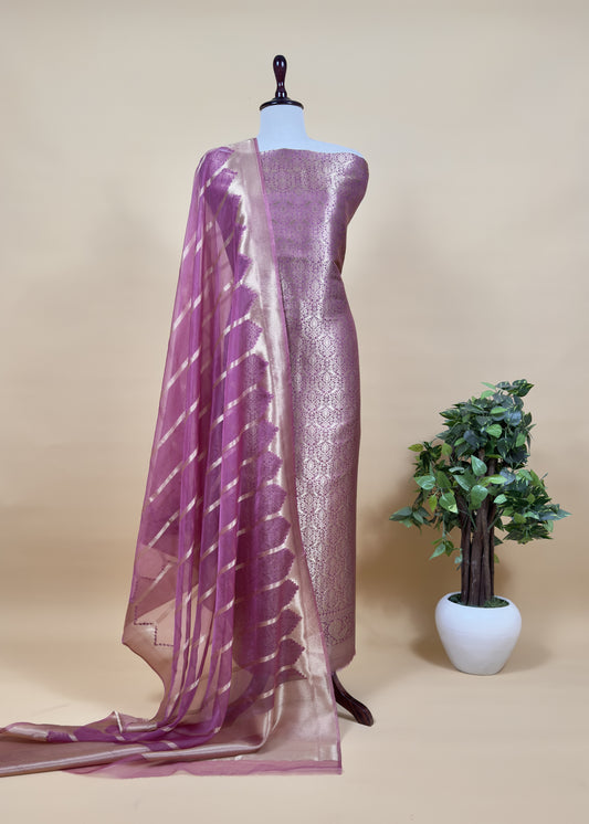 Voilet Banarasi Silk Brocade Suit With Organza Dupatta