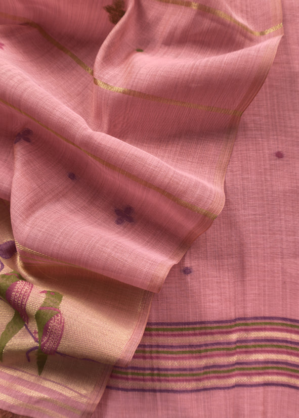 Pink Jamdani Woven Unstitched Suit With Paithani Work