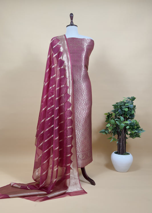 Pink Banarasi Silk Brocade Suit With Organza Dupatta