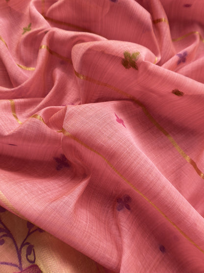 Pink Jamdani Woven Unstitched Suit With Paithani Work