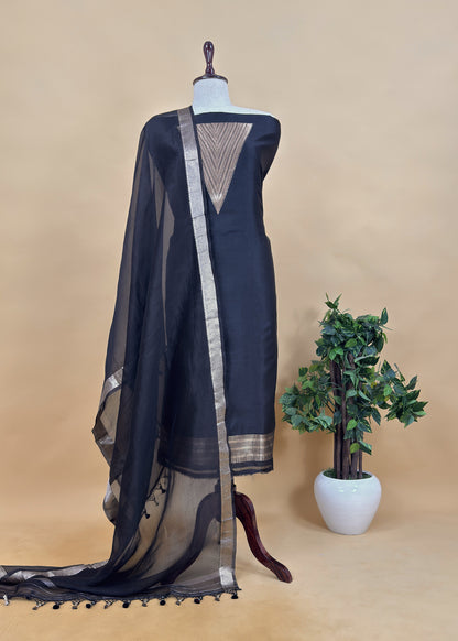 Designer Bright Black Handloom silk suit with Zari weaving