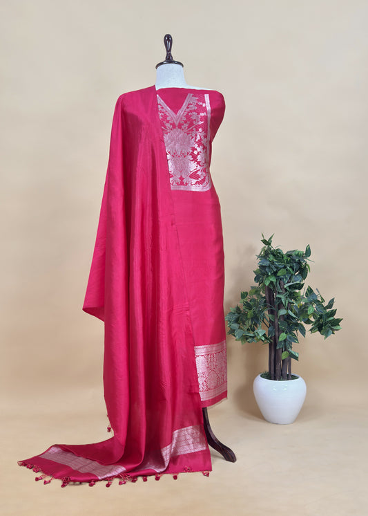 Red Handloom Katan Silk Suit Fabric With Peonies Kadwa Weaving