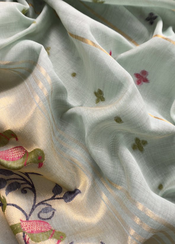Blue Jamdani Woven Unstitched Suit with Paithani Work