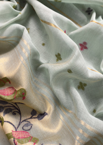 Blue Jamdani Woven Unstitched Suit with Paithani Work