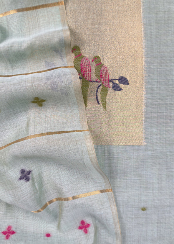 Blue Jamdani Woven Unstitched Suit with Paithani Work