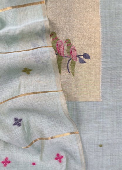 Blue Jamdani Woven Unstitched Suit with Paithani Work