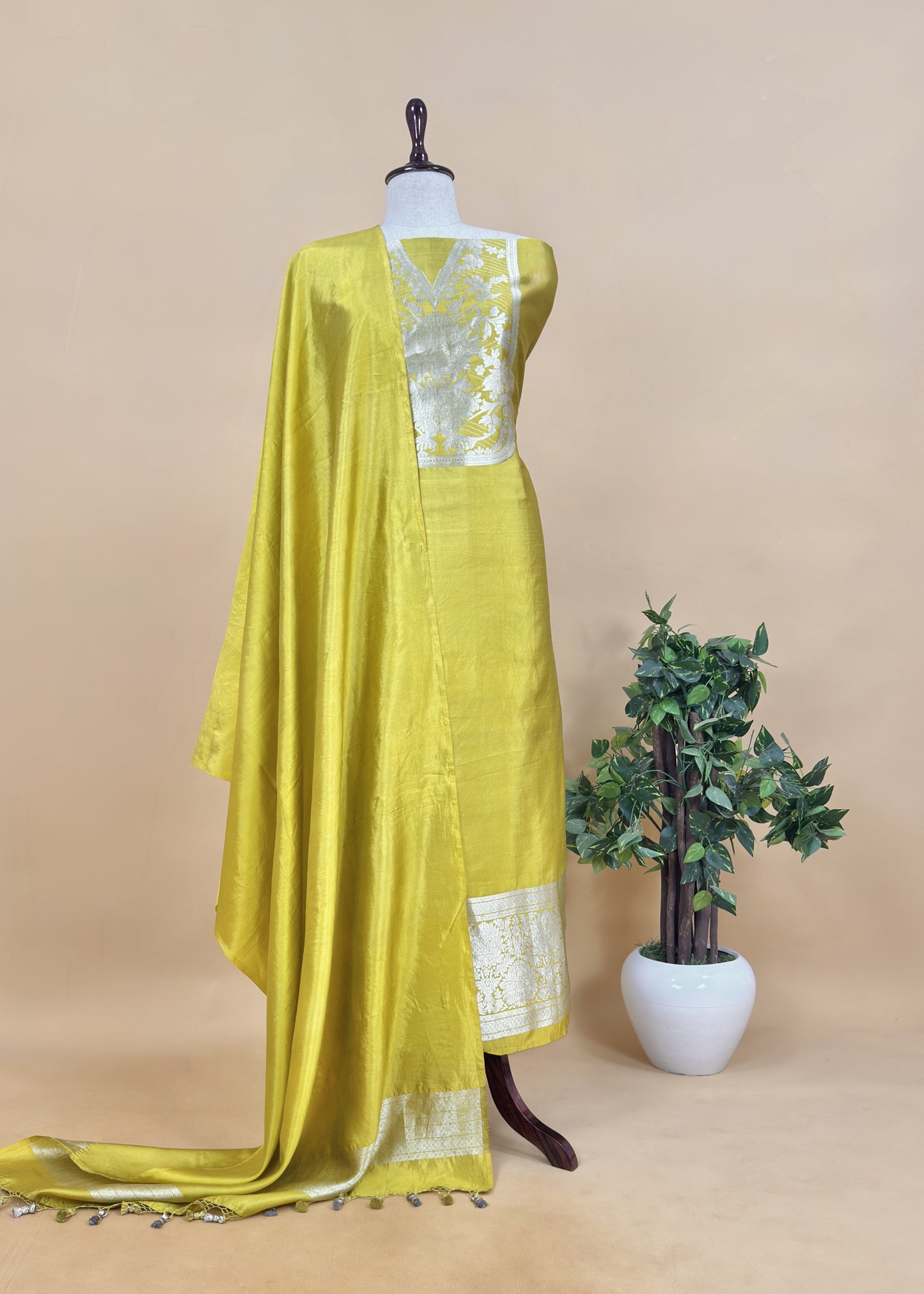 Lime Green Handloom katan Silk Suit Fabric With Peonies Kadwa Weaving