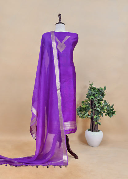 Designer Purple Handloom silk suit with Zari weaving