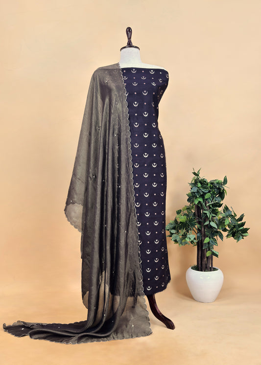 Black Chaandbaali Pure Satin Silk Kurta and Tissue Silk Dupatta with Handwork