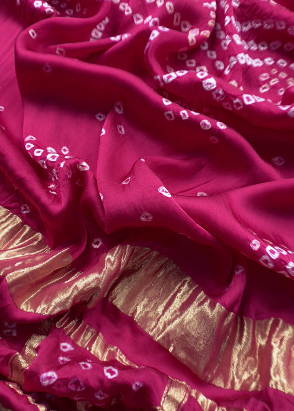 Heer Pink Pure Gajji Silk Gharchola Bandhani Suit With Gold Lakdi Patta weaving