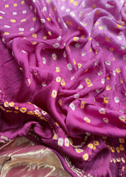 Heer Pink Pure Gajji Silk Bandhani Suit with Gold Lakdi Patta