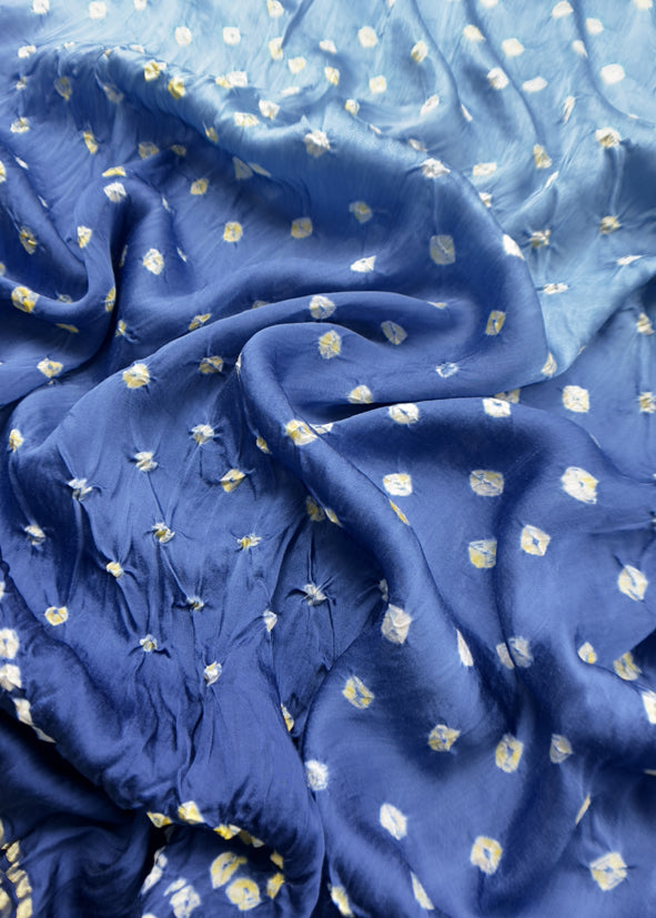 Heer Blue Pure Gajji Silk Bandhani Suit With Gold Lakdi Patta