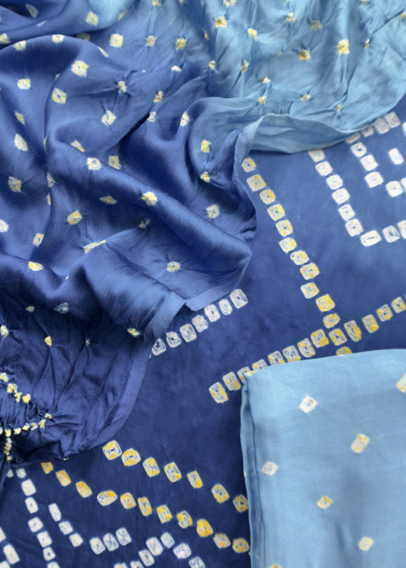 Heer Blue Pure Gajji Silk Bandhani Suit With Gold Lakdi Patta