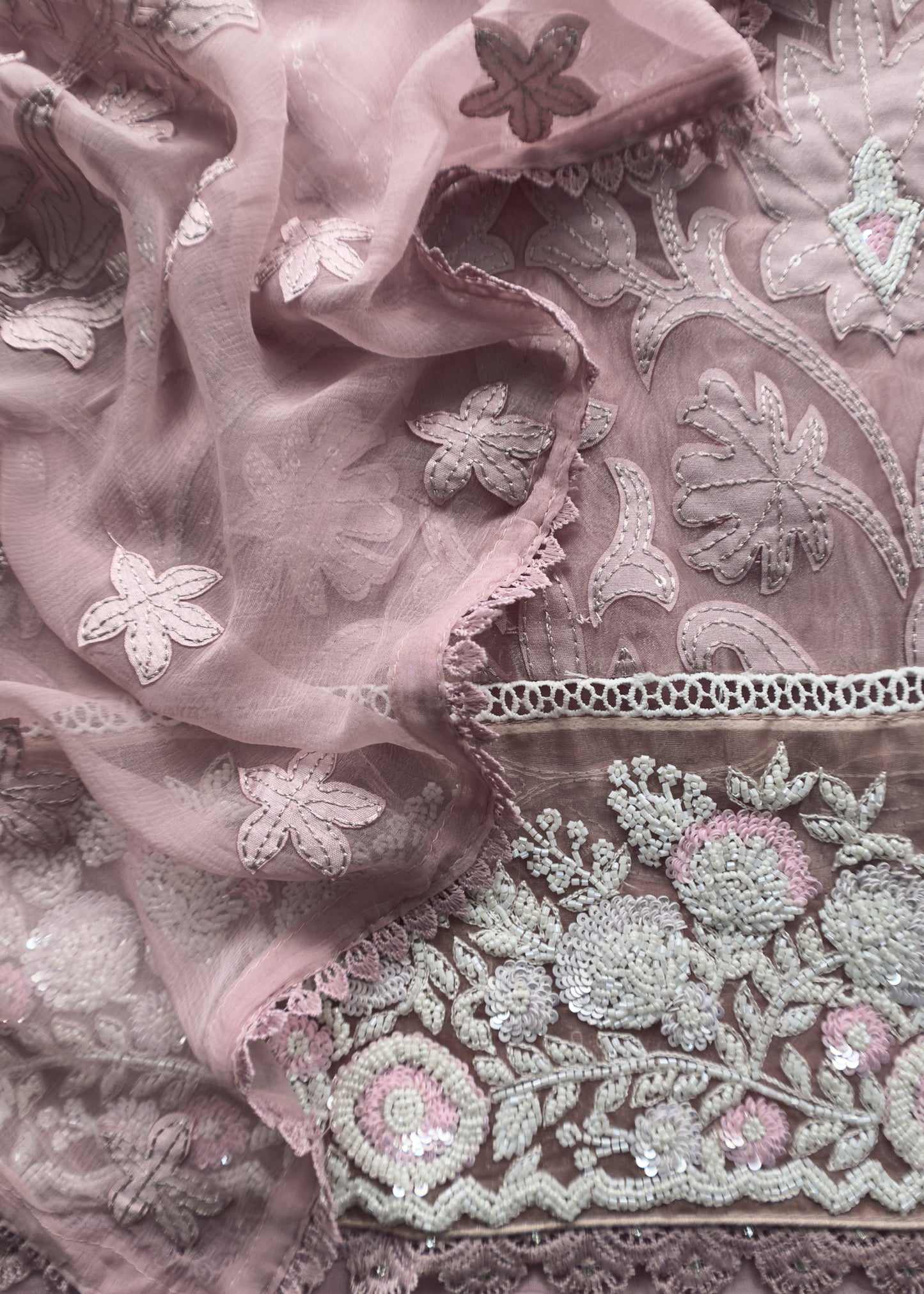 Dusty Pink Tissue Kurta With Pure Chiffon Dupatta With Appliqué Work And Hand Work